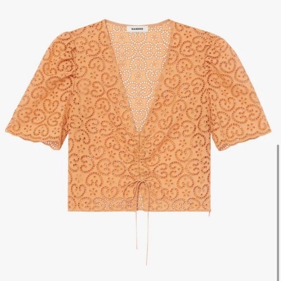 Sandro Livio Tie Front Drawstring V Neck Slim Fit Blouse Orange Size 2-4 US - Picture 4 of 12